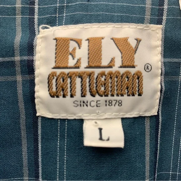 Ely Cattleman Teal Plaid Long Sleeve Pearl Snap Western Shirt L - Picture 3 of 6